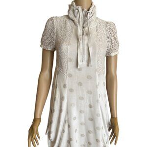 KENSIE PRETTY LACE ZIP NECK POLKA DOT SILVER WHITE TUNIC DRESS